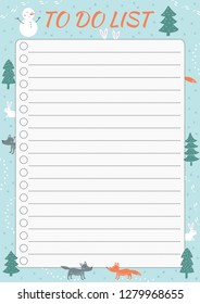 List TO DO with cartoon animals and winter elements. Template with place for notes. Vector illustration for print, office, school.