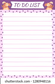 List TO DO with cartoon dog and paws. Template with place for notes. Vector illustration for print, office, school.