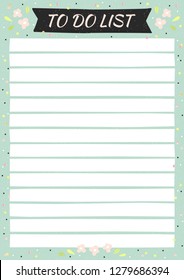List TO DO with watercolor sparkles and flowers. Layout sheet with place for notes and thinks. Vector template page for print, office, school.