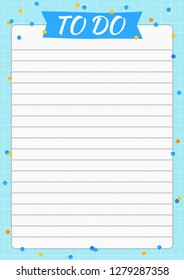 List TO DO with watercolor sparkles on checkered background. Layout sheet with place for notes and thinks. Vector template page for print, office, school.