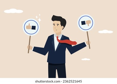 List of do's and don'ts, rules that make business success, solutions or to avoid business mistakes, smart businessman holding thumbs up and thumbs down sign. Illustration of a successful businessman.