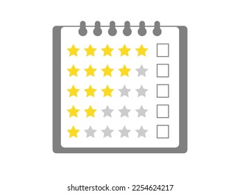 Lista de evaluación y recomendación de productos y servicios. Vector de icono del portapapeles, concepto de nota en estrellas de 1 a 5. Diseño aislado en fondo blanco