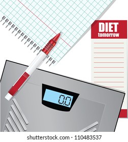 List of events for weight loss, electronic scales, pen, notepad. Vector illustration.