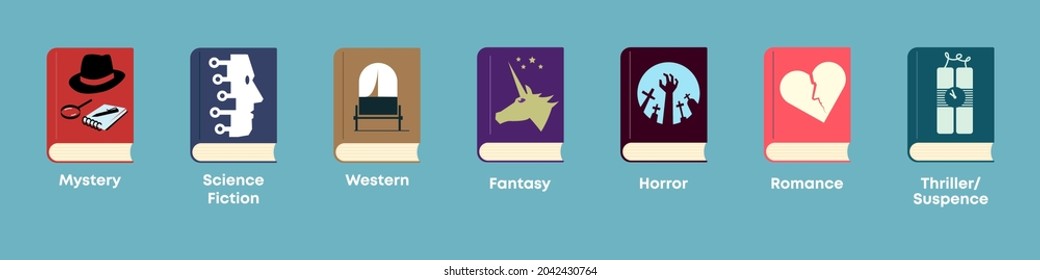 List Of Fiction Genres. Set Of Books With Themed Covers: Mystery, Science Fiction, Adventure, Fantasy, Horror, Romance, Thriller And Suspence.