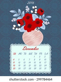 List of floral calendar for 2016 year (flowers in vase - vector background)