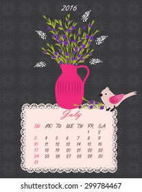 List of floral calendar for 2016 year (flowers in vase - vector background)