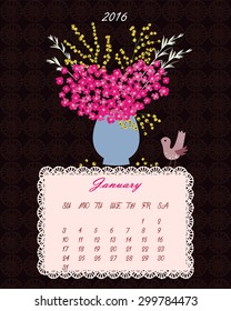 List of floral calendar for 2016 year (flowers in vase - vector background)