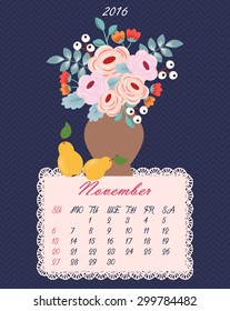 List of floral calendar for 2016 year (flowers in vase - vector background)