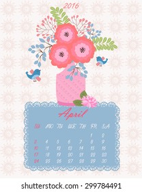 List of floral calendar for 2016 year (flowers in vase - vector background)