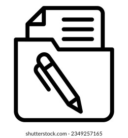 Liste im Symbol der Ordnerzeile. Dokument mit Stift in Ordner, Vektorgrafik einzeln auf weiß. Papierumrissstil, entwickelt für und App.