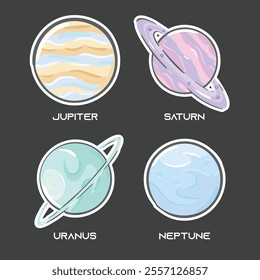 List of gaseous and icy planets in the solar system. Colored vector illustration of gas and ice planets. Jupiter Saturn Uranus Neptune. List of outer planets in the solar system.