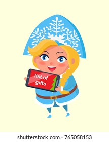 List of gifts in digital tablet, snow maiden taking order on Christmas vector postcard isolated on white background. Russian blonde snegurochka
