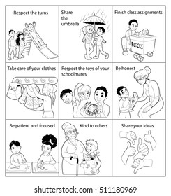 List of good rules for children in the school. Vector black and white illustration