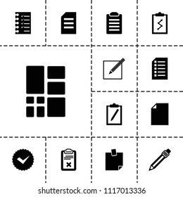 List icon. collection of 13 list filled icons such as paper, pen, clipboard, paper and pen, grid, clipboard with chart, tick. editable list icons for web and mobile.