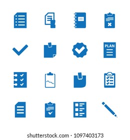 List icon. collection of 16 list filled icons such as pointing on document, tick, paper, checklist, glued note, clipboard, plan. editable list icons for web and mobile.