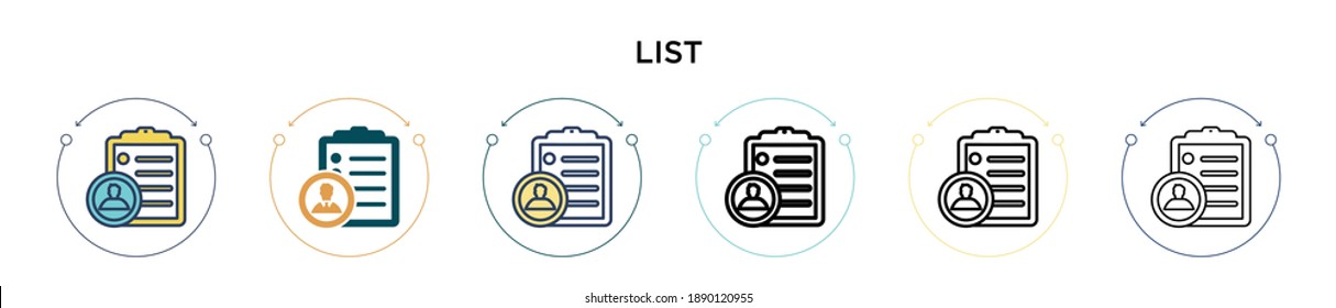 Icono de lista en el estilo relleno, delgado, contorno y trazo. Ilustración vectorial de dos iconos vectoriales de lista de colores y negros se puede utilizar para móviles, ui, web