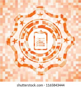 list icon inside abstract emblem, orange mosaic background