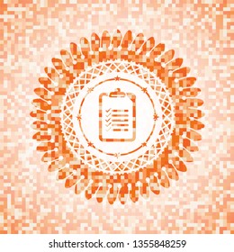 list icon inside abstract emblem, orange mosaic background