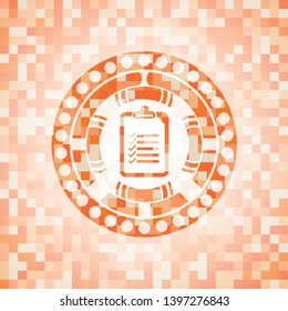 list icon inside abstract emblem, orange mosaic background