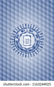 list icon inside blue emblem with geometric background.