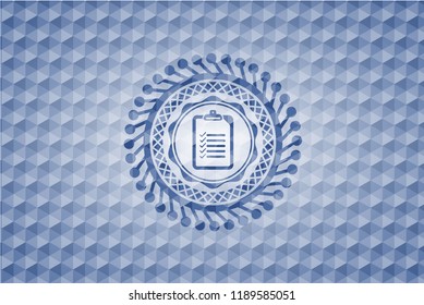 list icon inside blue emblem or badge with abstract geometric pattern background.