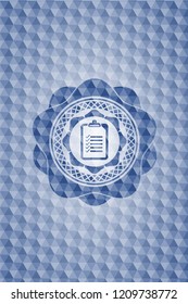 list icon inside blue emblem with geometric pattern.