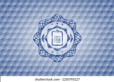 list icon inside blue emblem or badge with geometric pattern background.