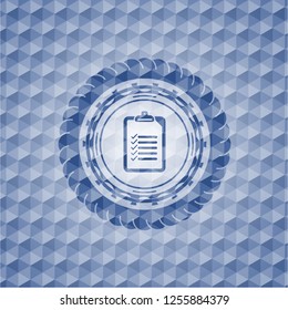 list icon inside blue emblem or badge with abstract geometric pattern background.