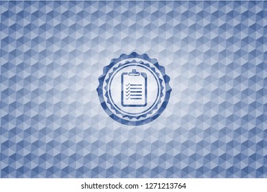 list icon inside blue emblem with geometric pattern.