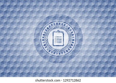 list icon inside blue emblem or badge with abstract geometric polygonal pattern background.