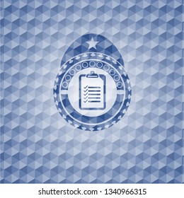 list icon inside blue emblem with geometric background.
