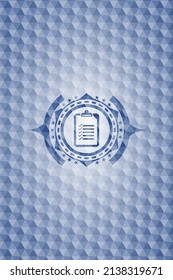 list icon inside blue emblem or badge with geometric pattern background. 