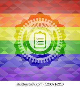 list icon inside emblem on mosaic background with the colors of the LGBT flag