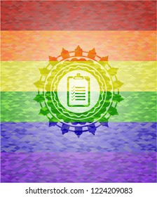 list icon inside emblem on mosaic background with the colors of the LGBT flag