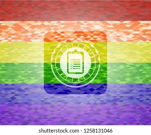 list icon inside emblem on mosaic background with the colors of the LGBT flag