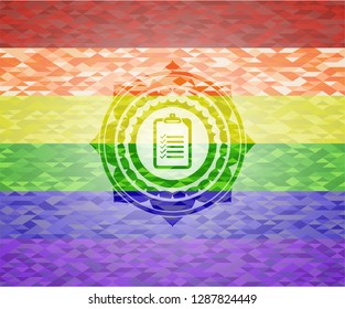 list icon inside emblem on mosaic background with the colors of the LGBT flag