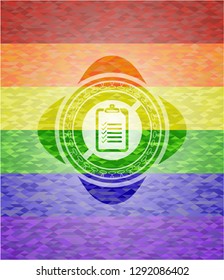 list icon inside emblem on mosaic background with the colors of the LGBT flag