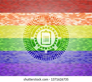 list icon inside emblem on mosaic background with the colors of the LGBT flag