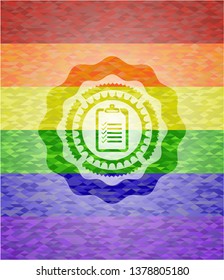 list icon inside emblem on mosaic background with the colors of the LGBT flag