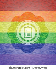 list icon inside emblem on mosaic background with the colors of the LGBT flag