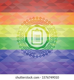 list icon inside emblem on mosaic background with the colors of the LGBT flag