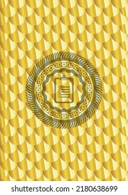 icono de lista dentro de la insignia de oro. Patrón de escalas. Ilustración vectorial. Detallado. 