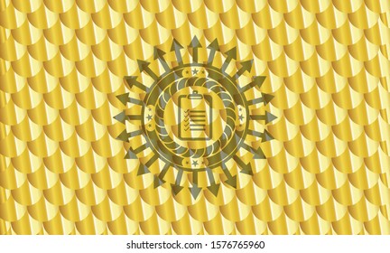 list icon inside gold emblem. Scales pattern. Vector Illustration. Detailed.