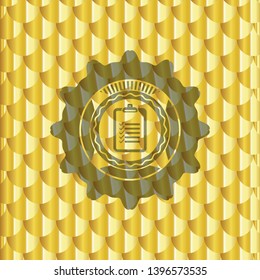 list icon inside golden badge or emblem. Scales pattern. Vector Illustration. Detailed.