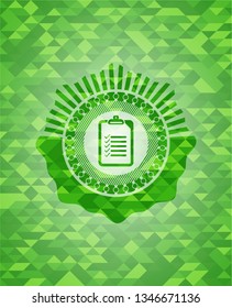 list icon inside green emblem with triangle mosaic background