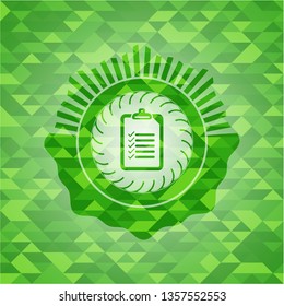 list icon inside green emblem with mosaic ecological style background