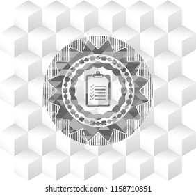 list icon inside grey badge with geometric cube white background
