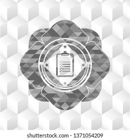 list icon inside grey badge with geometric cube white background