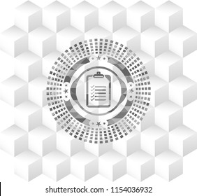list icon inside grey icon or emblem with geometric cube white background