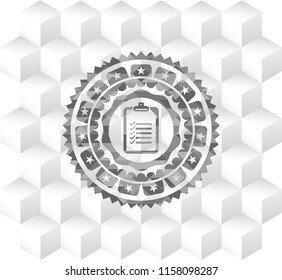 list icon inside grey emblem. Retro with geometric cube white background